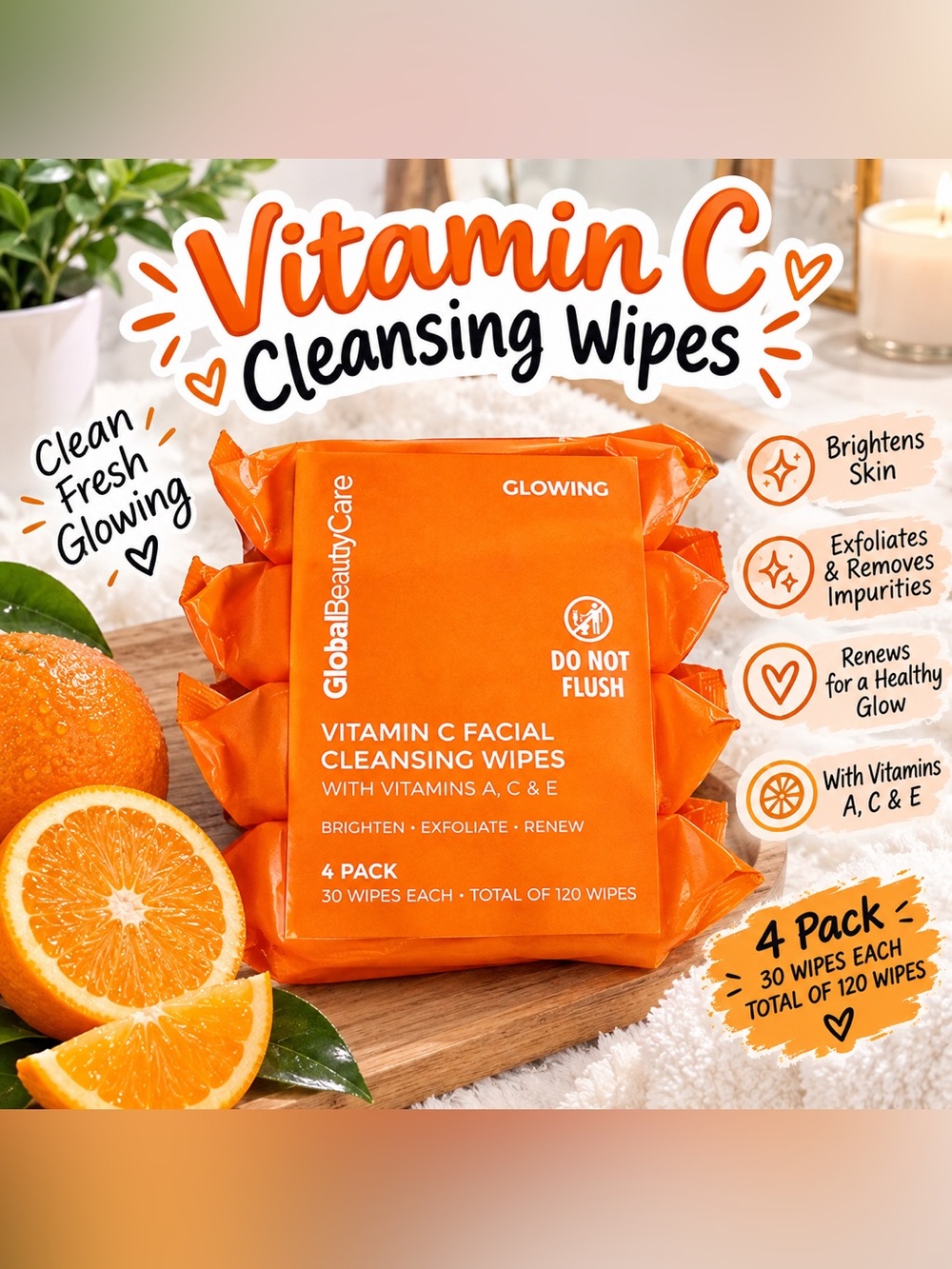 Vitamin C Facial Cleansing Wipes 4 Packs